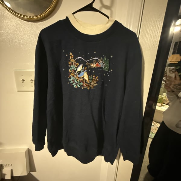Bobbie Brooks Winter Scene Birds Sweatshirt Navy Blue