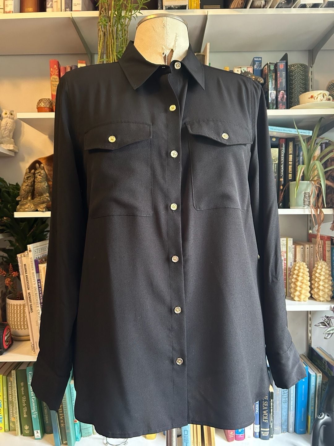 Tommy Hilfiger Blouse Size L Black Long Sleeve Button Up Shirt 2