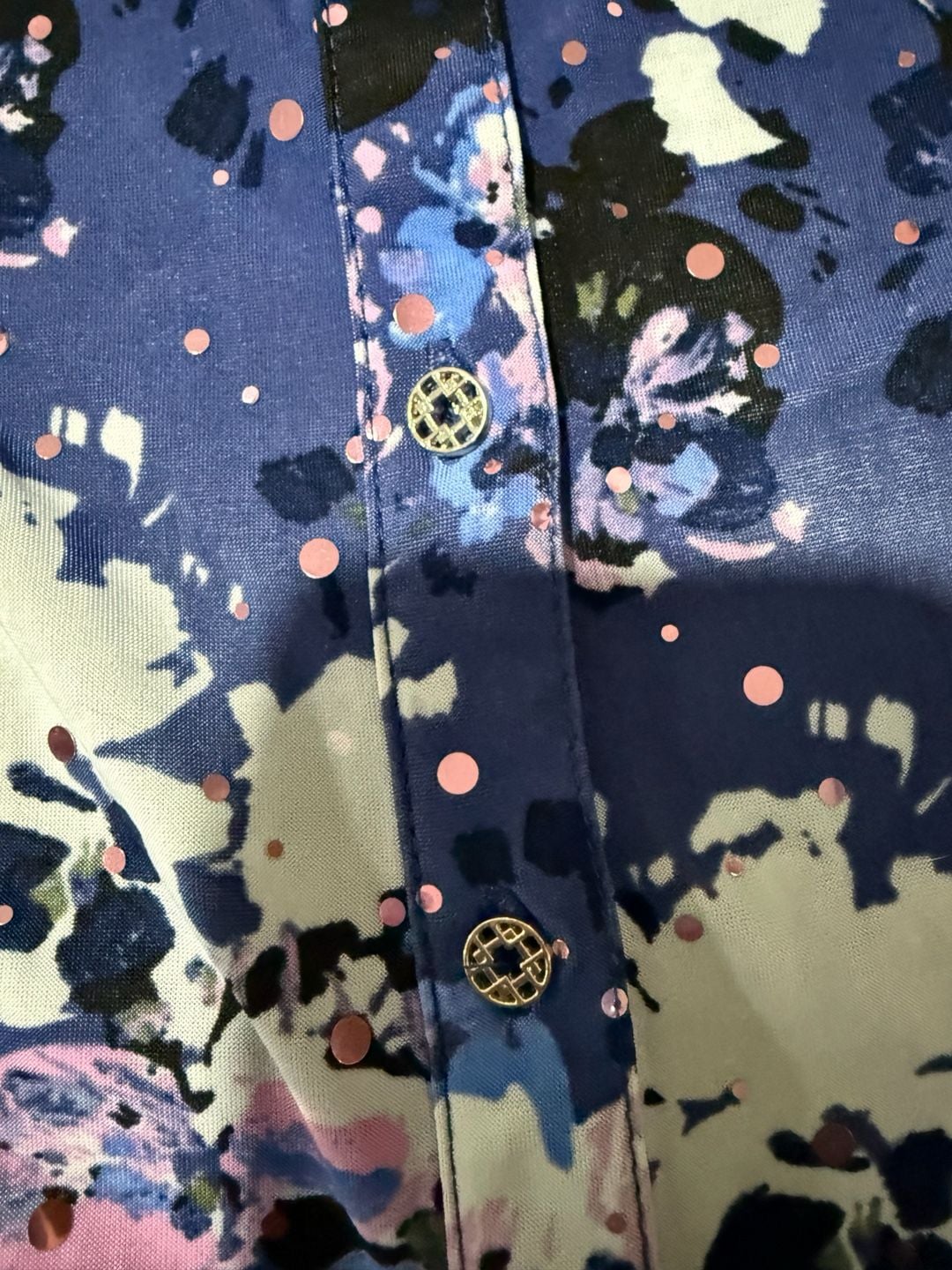 Emily Daniels Blouse Size M Blue Floral Button Down Sequins 3/4 sleeve w/button 4