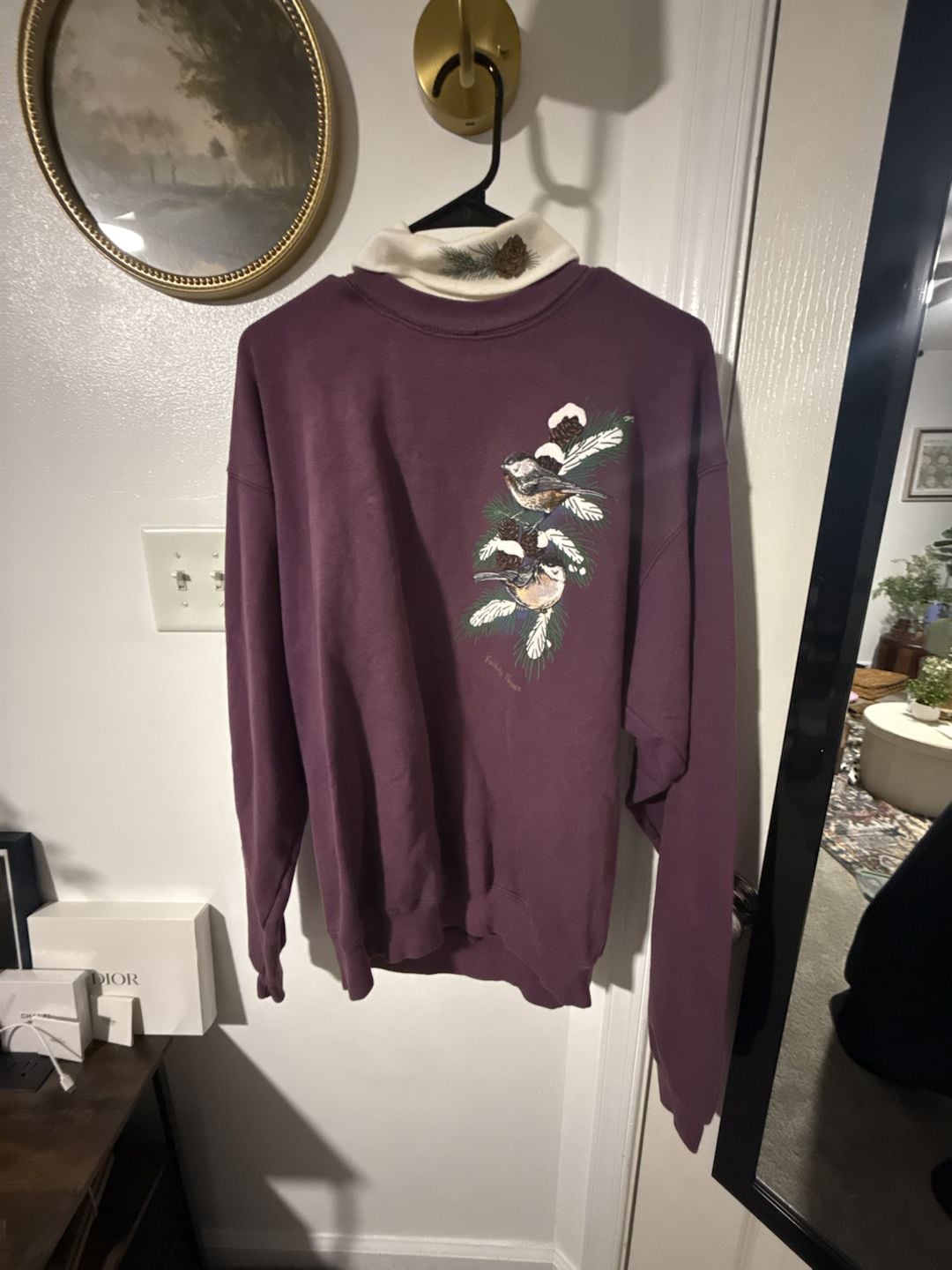 Morning Sun Vintage Bird Mock Neck Sweatshirt Purple Graphic 2