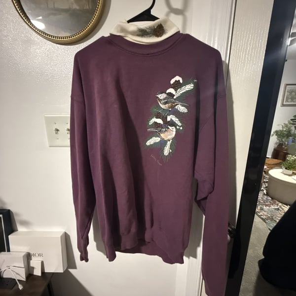 Morning Sun Vintage Bird Mock Neck Sweatshirt Purple Graphic