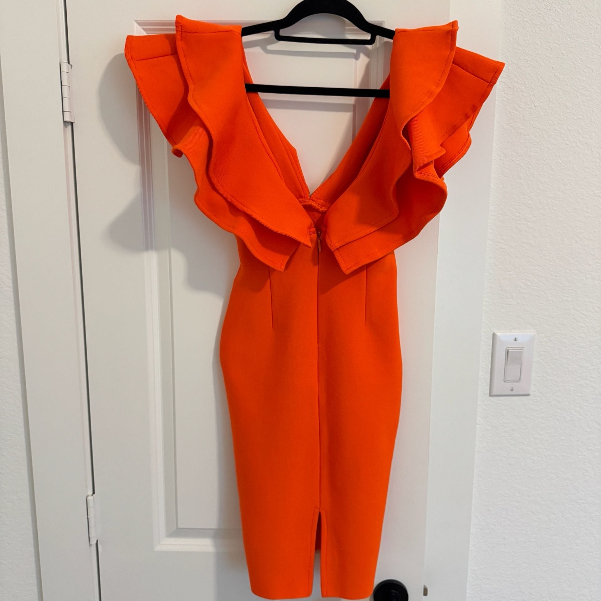 Marc Defang V Neck Ruffle Sleeve Bandage Dress Neon Orange 3