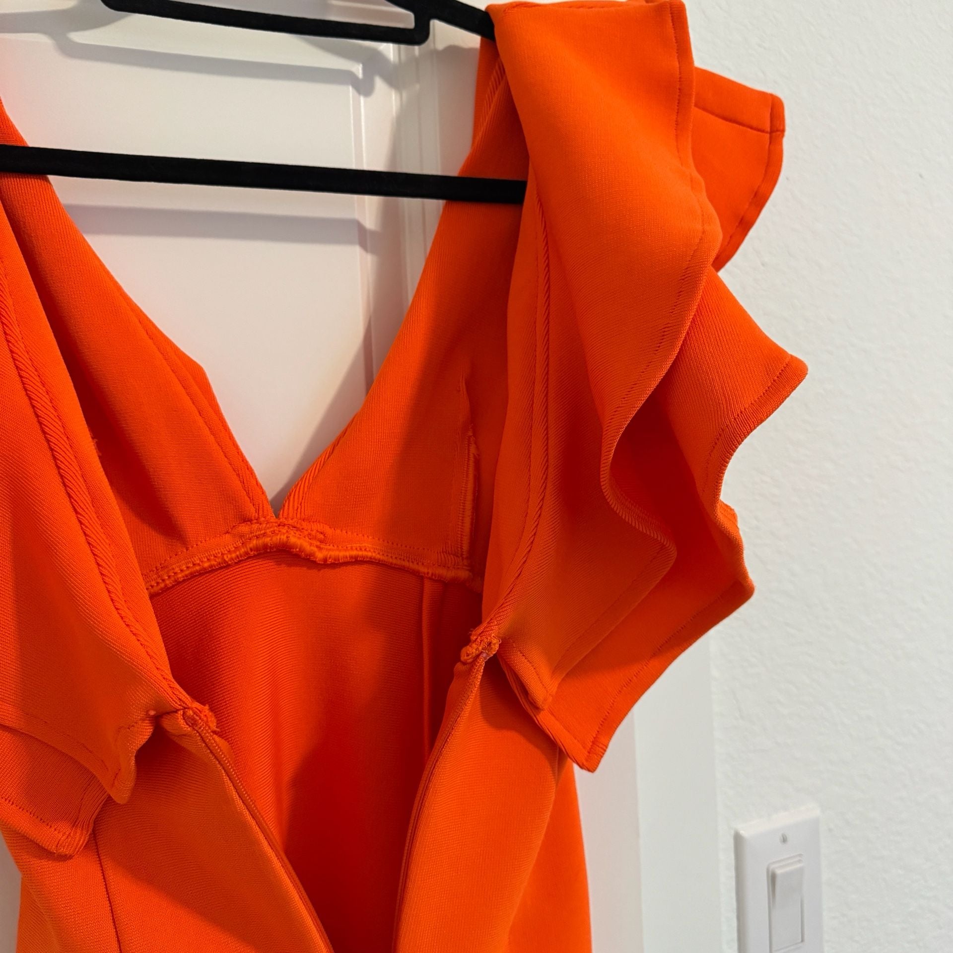 Marc Defang V Neck Ruffle Sleeve Bandage Dress Neon Orange 4