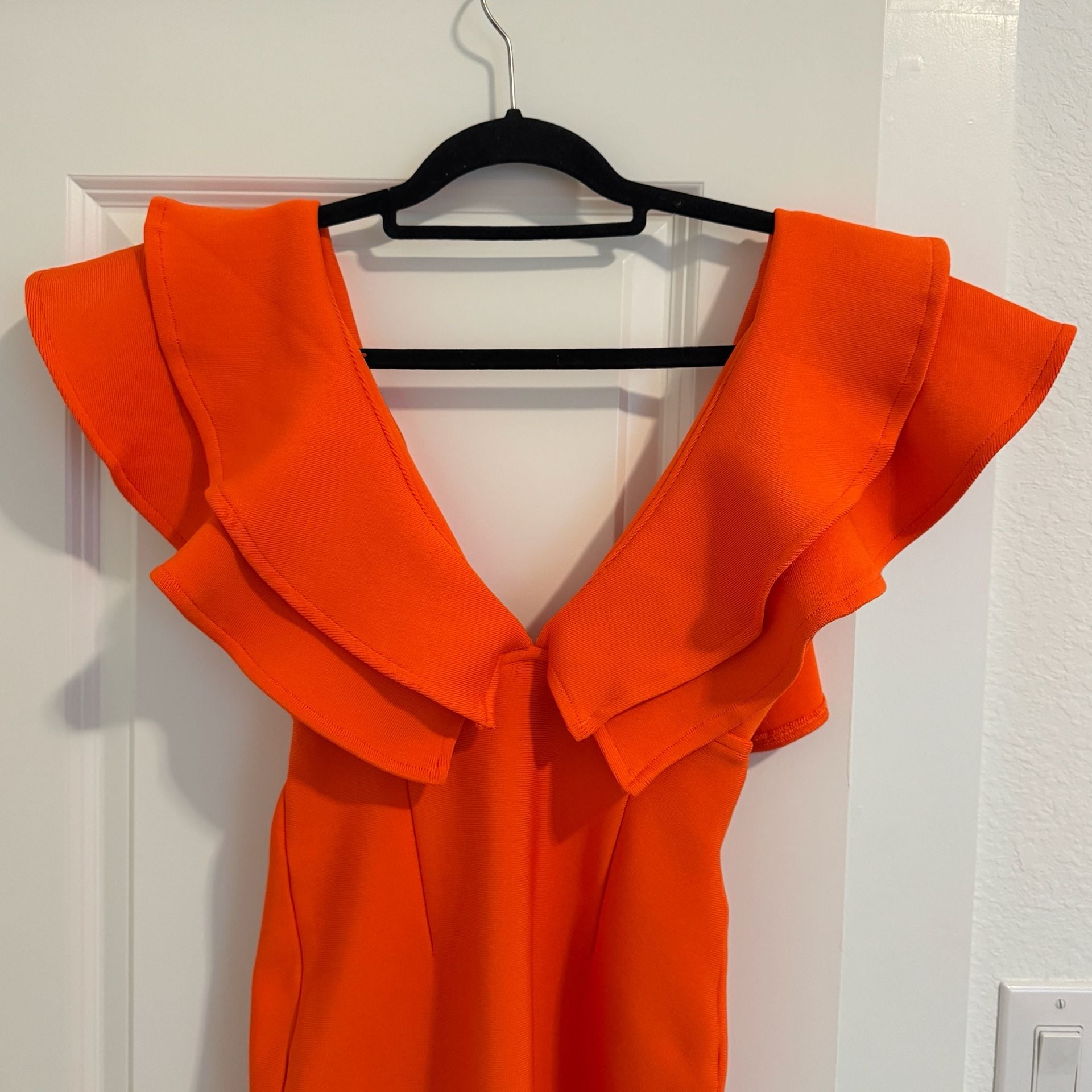 Marc Defang V Neck Ruffle Sleeve Bandage Dress Neon Orange 5