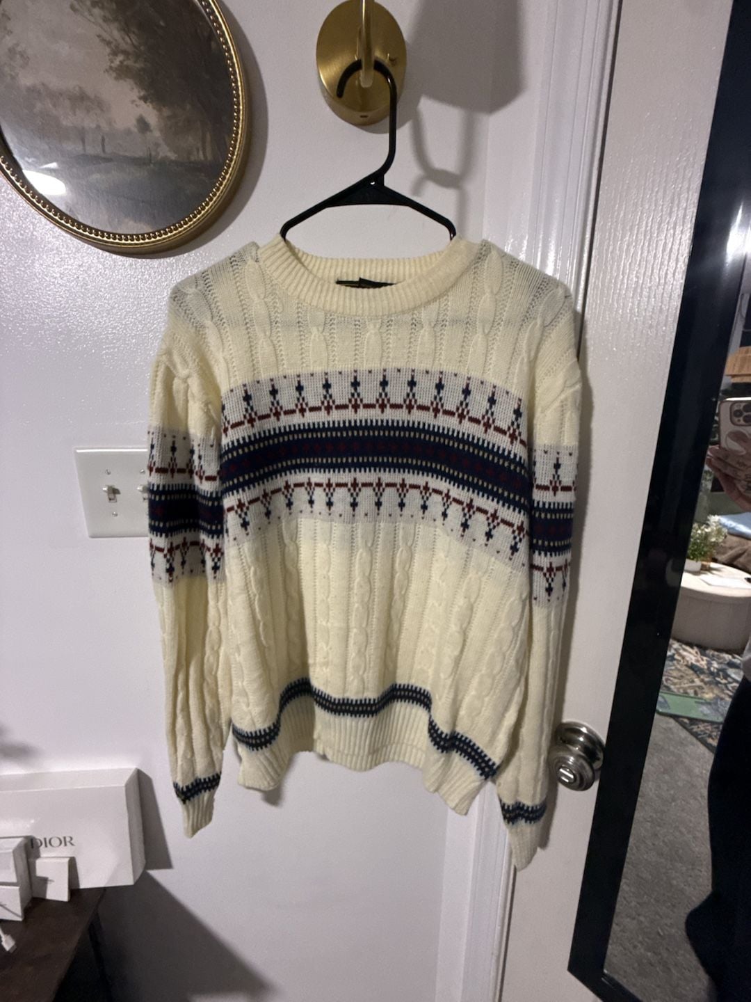Van Heusen Sportswear Cable Knit Sweater Size L Cream Fair Isle 2