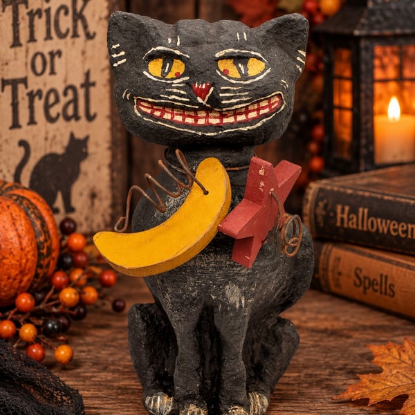 Primitive Halloween Black Cat Moon Figurine Folk Art Distressed Decor Chunky Vtg