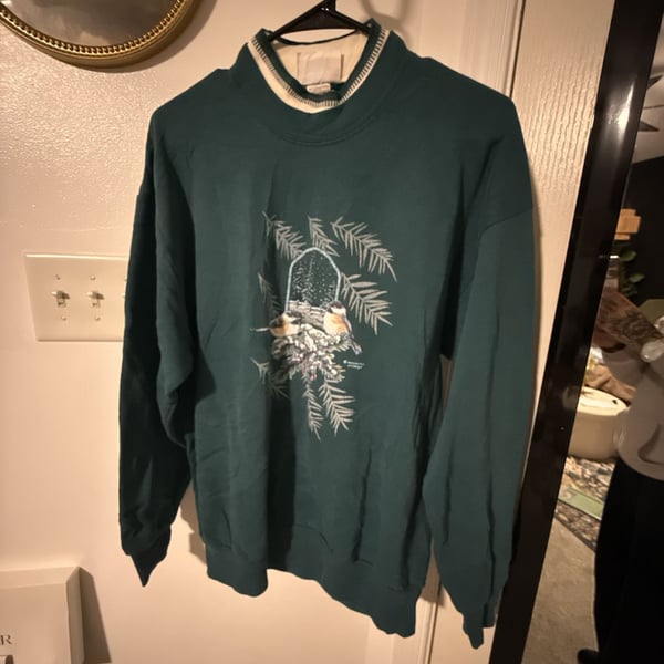 Morning Sun Chickadee Bird Sweatshirt Size XL Green Mock Neck Vintage