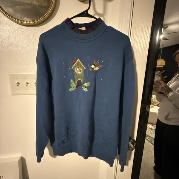 Top Stitch by Morning Sun Birdhouse Embroidered Sweatshirt Blue