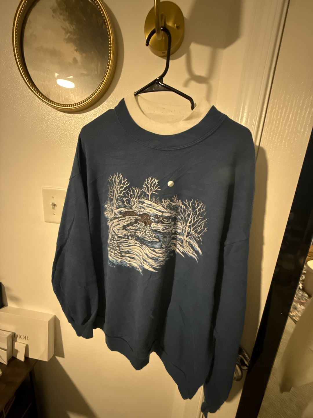Pleasant Shade Vintage 90s Winter Scenic Sweatshirt Blue Mock Neck L 2