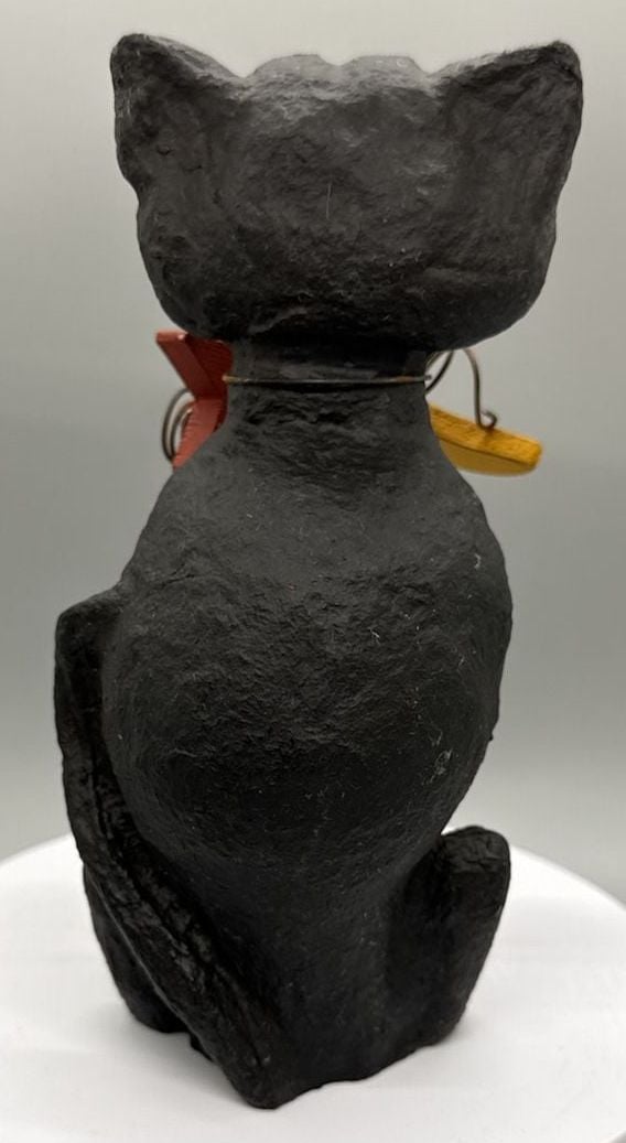 Primitive Halloween Black Cat Moon Figurine Folk Art Distressed Decor Chunky Vtg 9