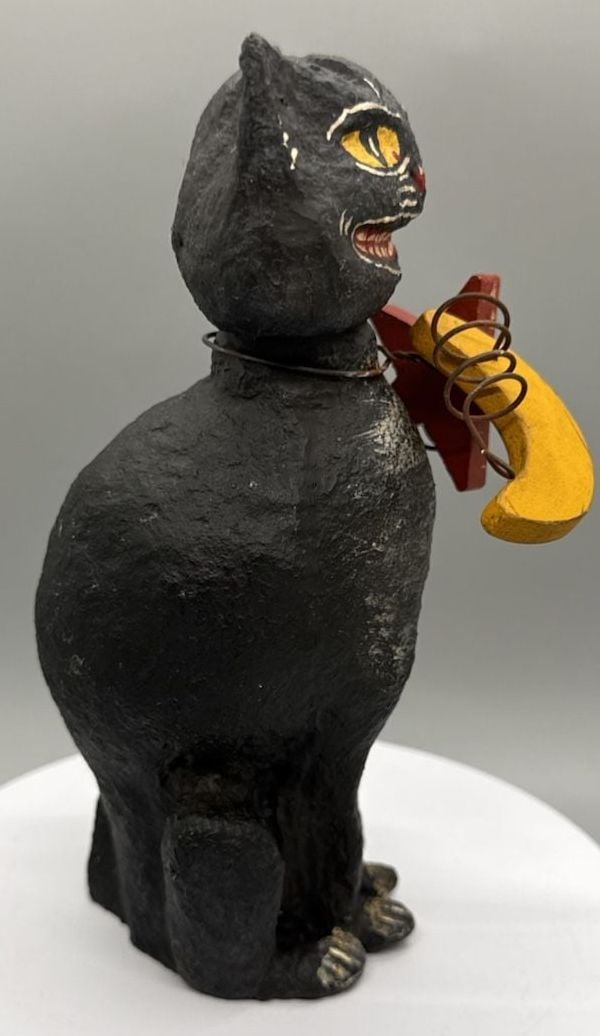 Primitive Halloween Black Cat Moon Figurine Folk Art Distressed Decor Chunky Vtg 8