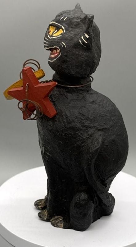 Primitive Halloween Black Cat Moon Figurine Folk Art Distressed Decor Chunky Vtg 10
