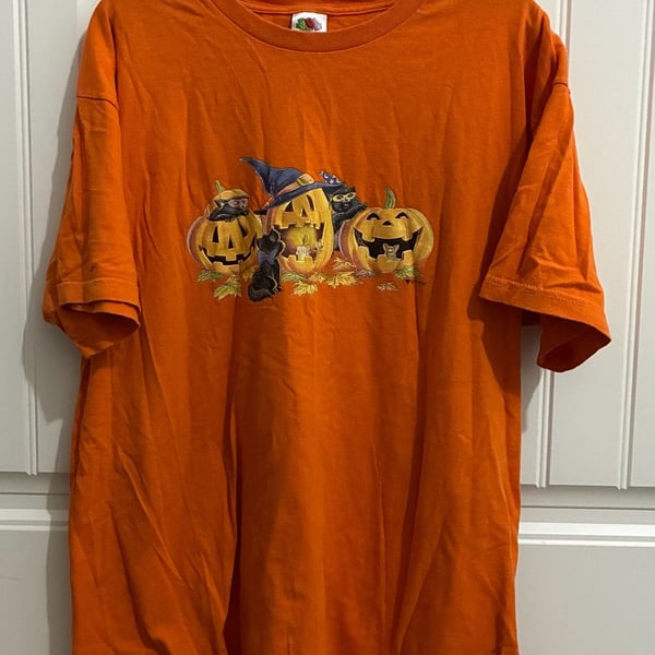 Fruit of the Loom Halloween Graphic T-Shirt Size XL Orange Pumpkin Cats