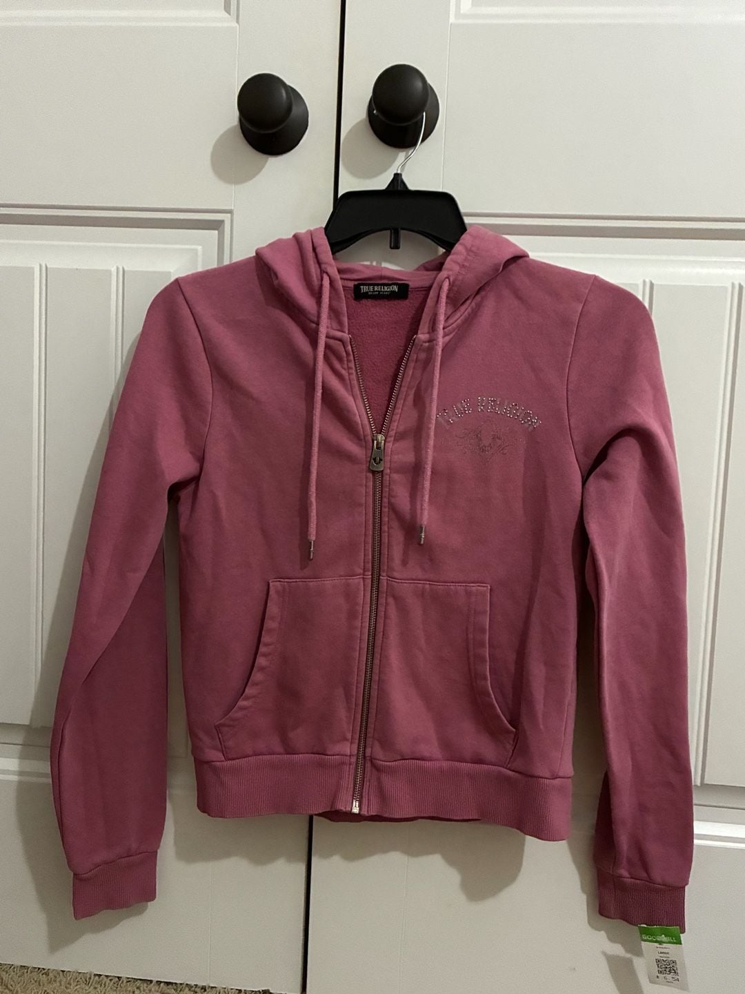 True Religion Women's Pink Crystal Metallic Zip Hoodie Size L 2