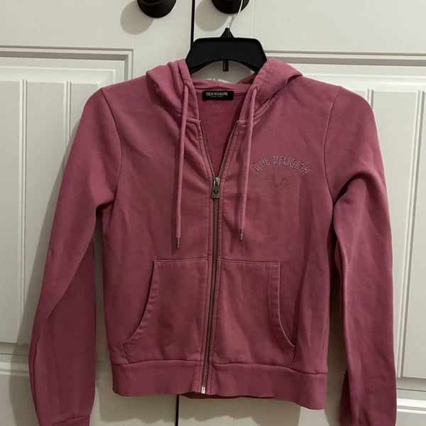 True Religion Women's Pink Crystal Metallic Zip Hoodie Size L