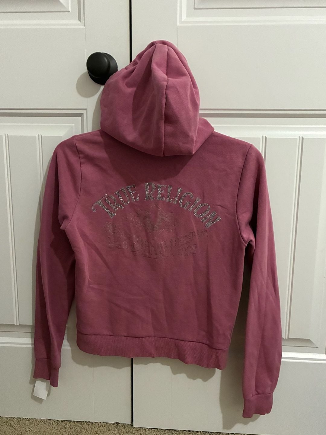 True Religion Women's Pink Crystal Metallic Zip Hoodie Size L 3