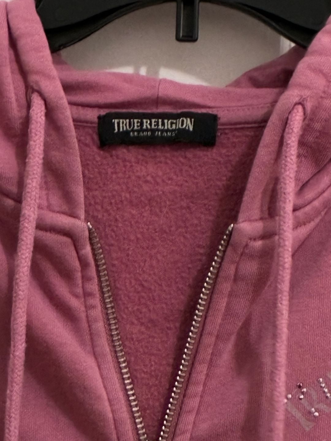 True Religion Women's Pink Crystal Metallic Zip Hoodie Size L 4