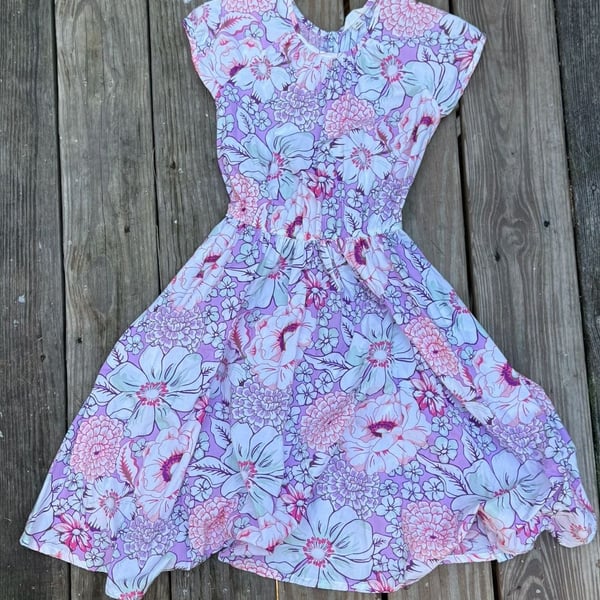 Lands' End Kids Size 10 Pink Floral Ruffle Tiered Drop Waist Cotton Dress