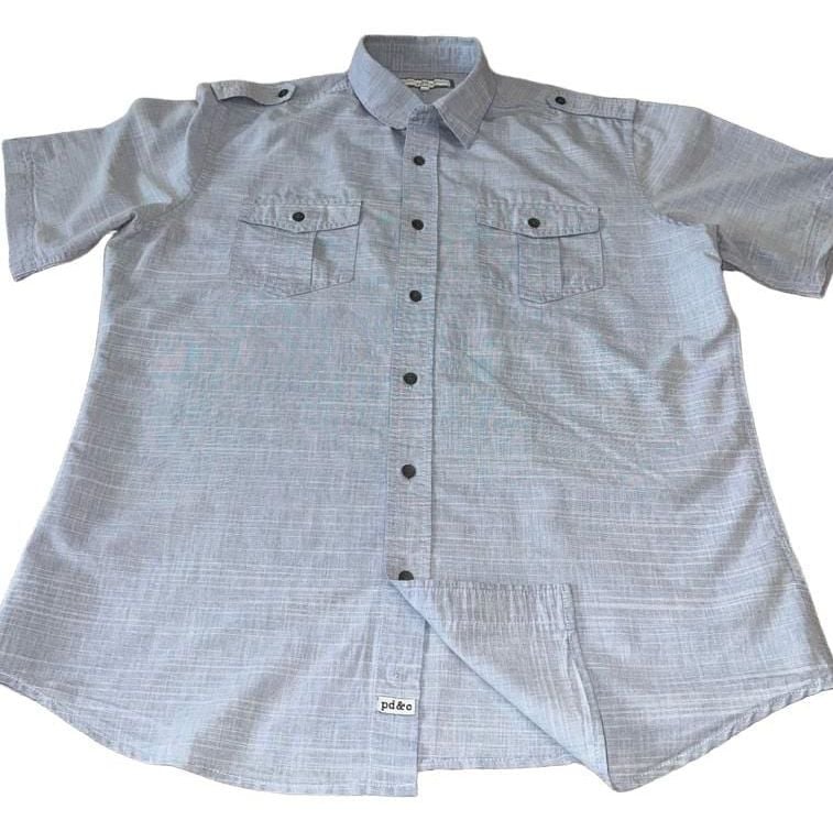 pd&c Button Up Shirt Size L Blue Short Sleeve Casual Pocket Epaulets 3