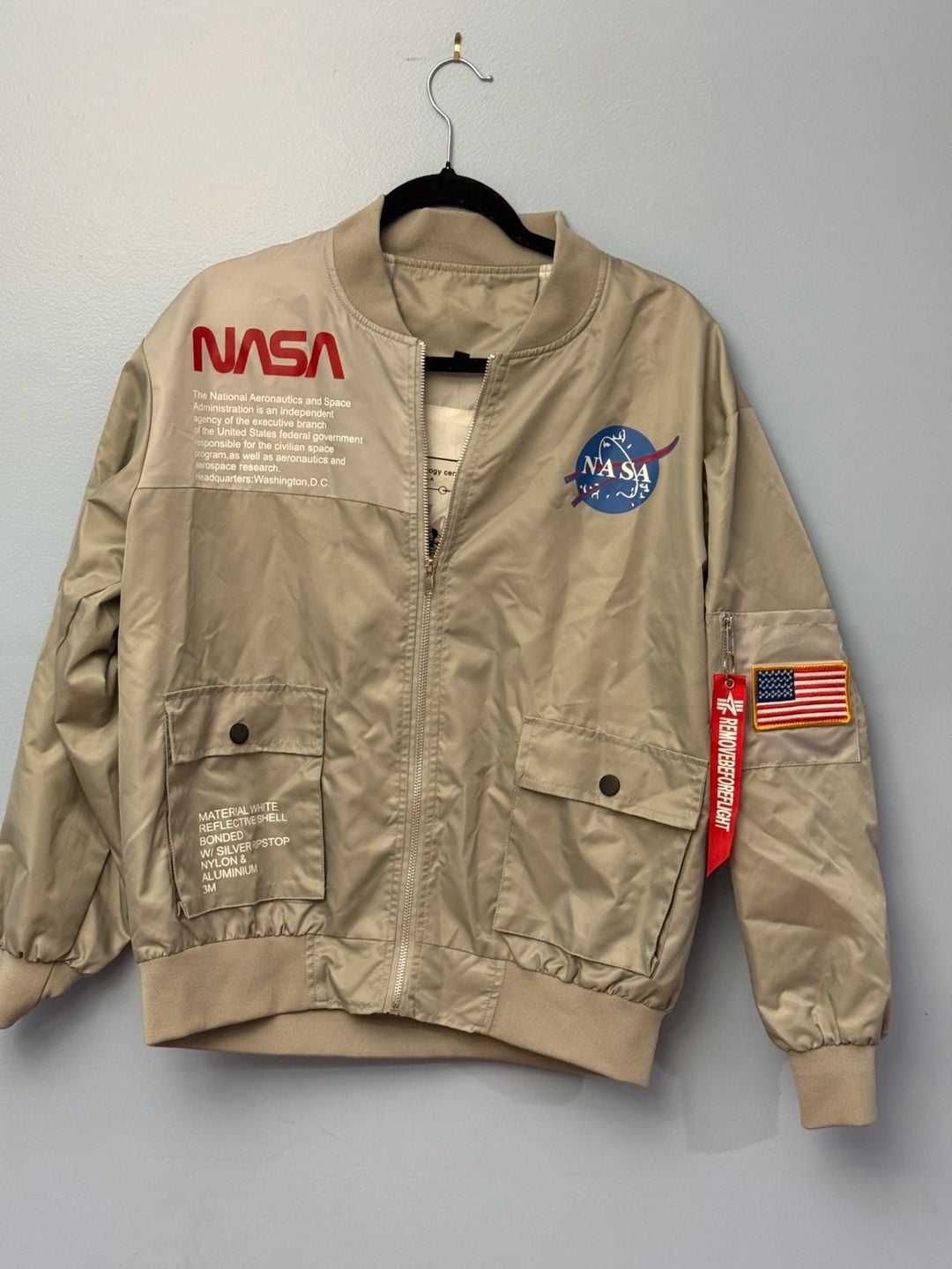 NASA Bomber Jacket Size S Beige Y2K Space Streetwear Windbreaker 2