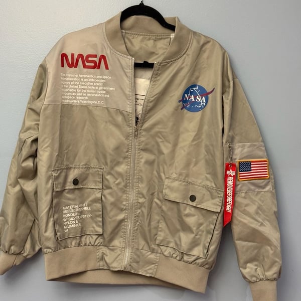 NASA Bomber Jacket Size S Beige Y2K Space Streetwear Windbreaker