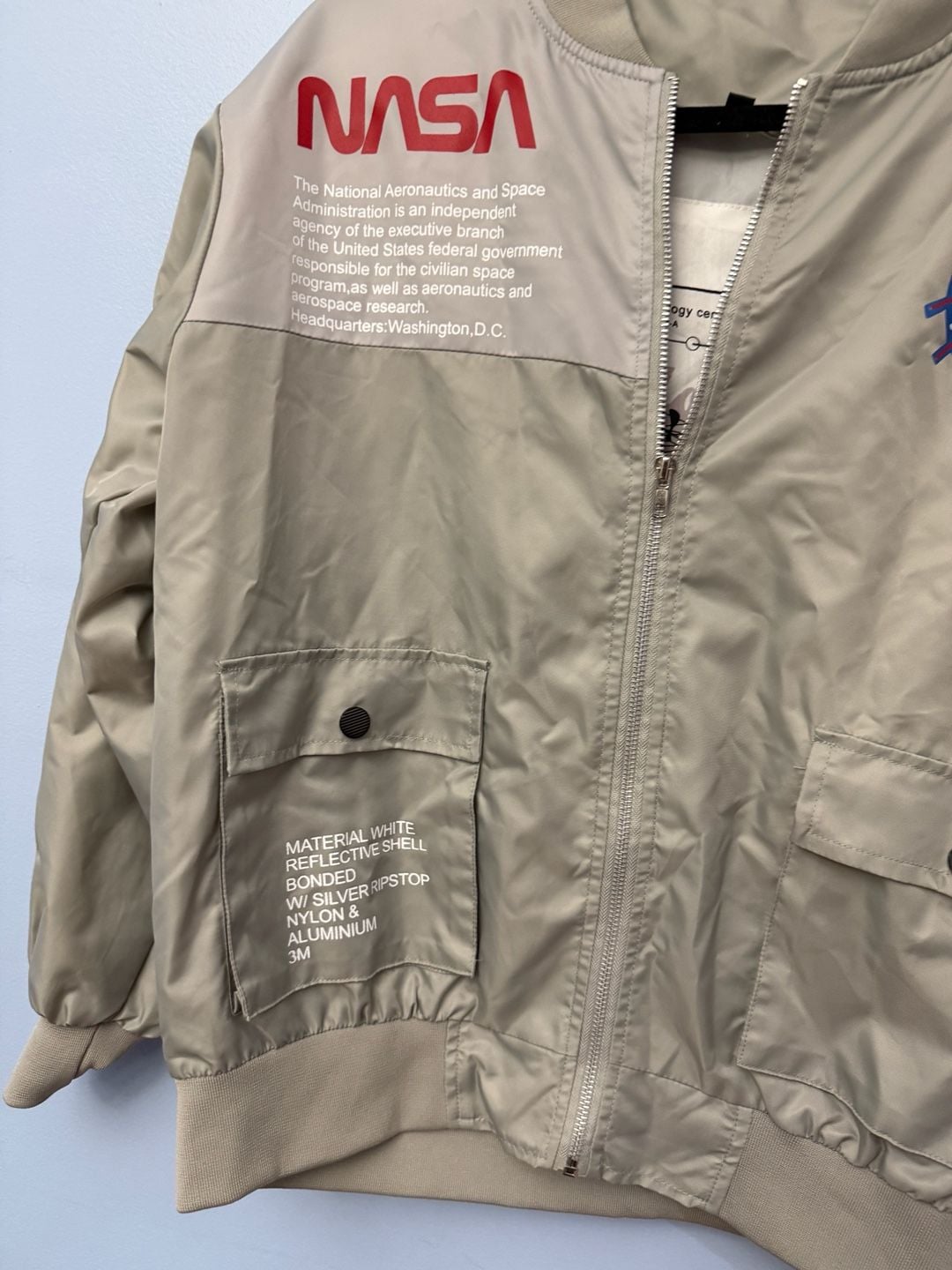 NASA Bomber Jacket Size S Beige Y2K Space Streetwear Windbreaker 4