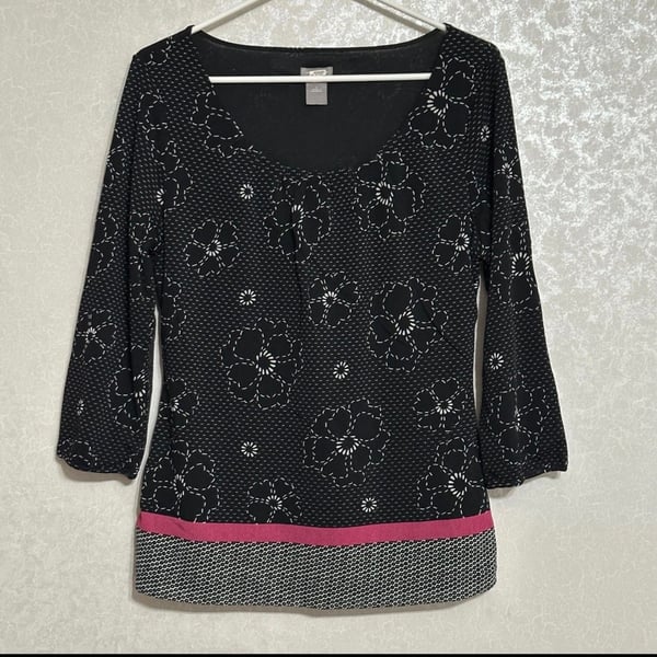 Ann Taylor 3/4 Sleeve Top Size L Black White Floral Nylon Mesh Pink Trim