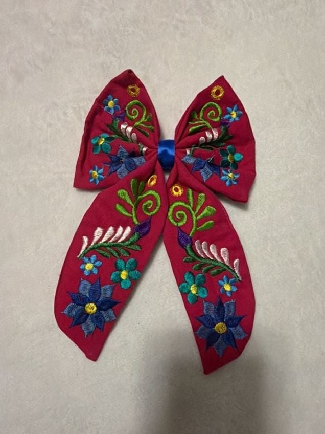 Mexican Embroidered Floral Bow Hair Clip Magenta 2