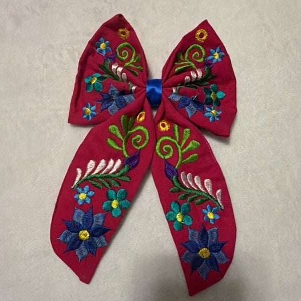 Mexican Embroidered Floral Bow Hair Clip Magenta
