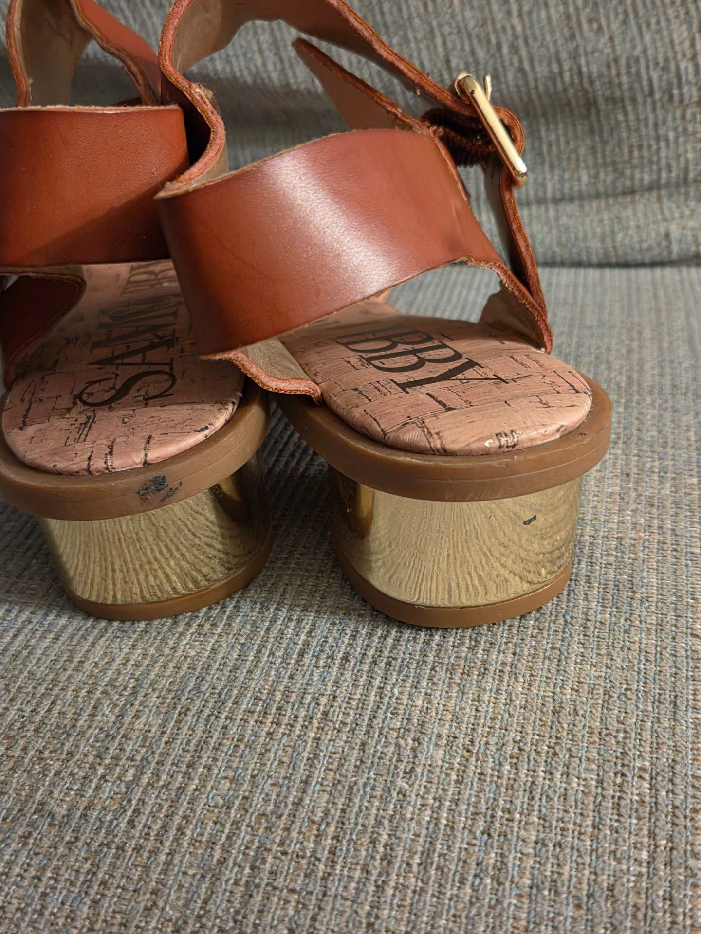 Sam & Libby Block Heel Sandals Size 7.5 Brown Gold Tone Ankle Strap 6