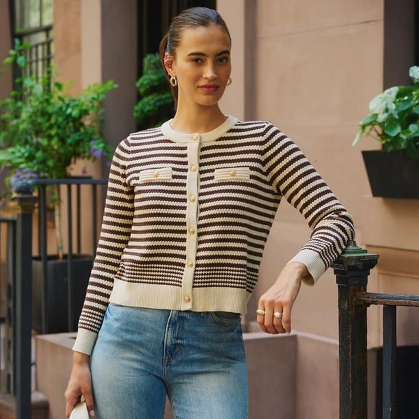 Adrianna Papell Wool blend cream black striped pointelle cardigan Size M