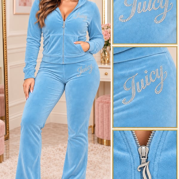Juicy Couture Velour Tracksuit Size L Blue Rhinestone Hoodie Pants