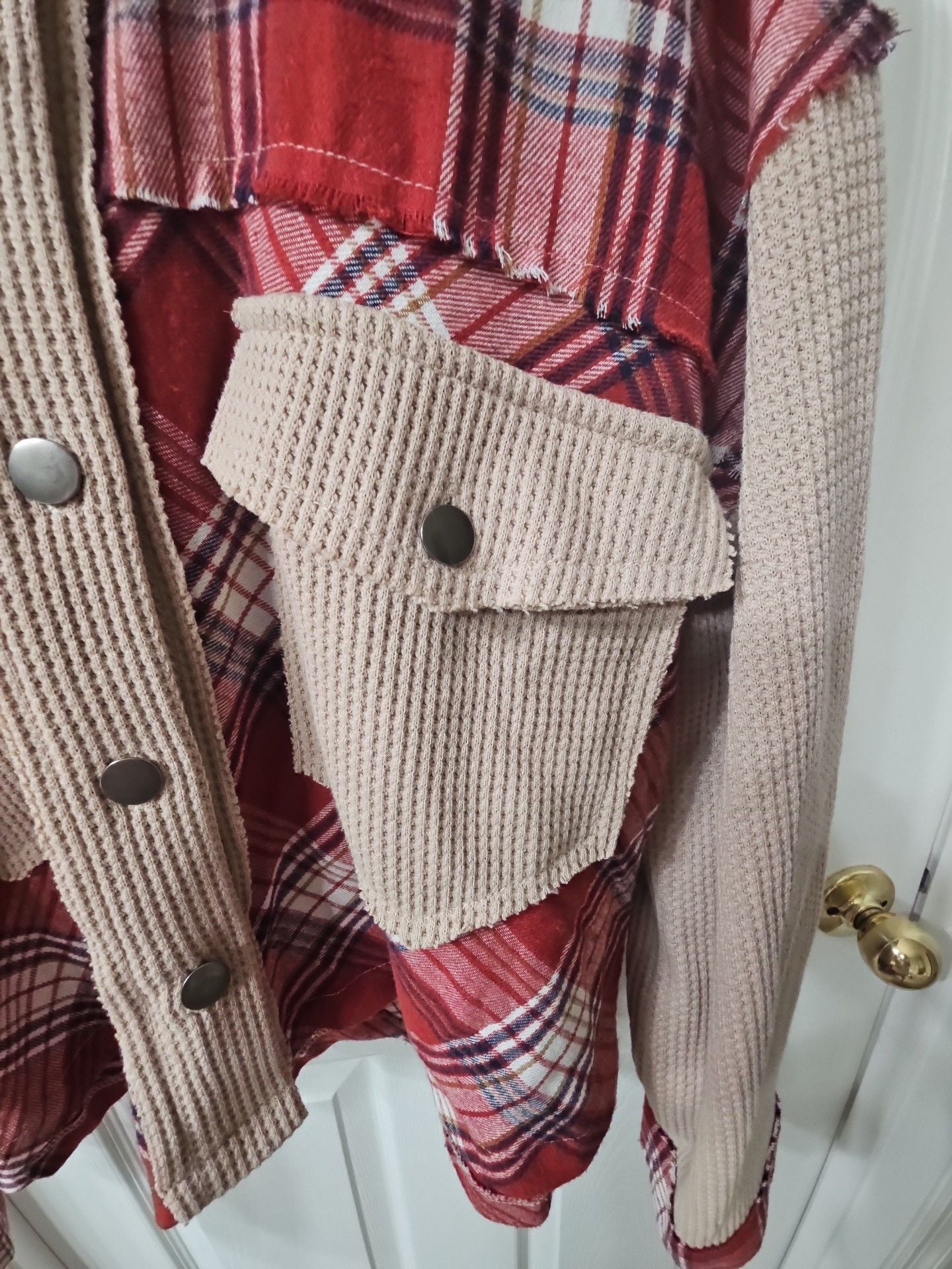 POL Plaid Mix N Match Jacket Size M Red Beige Thermal Shacket 3