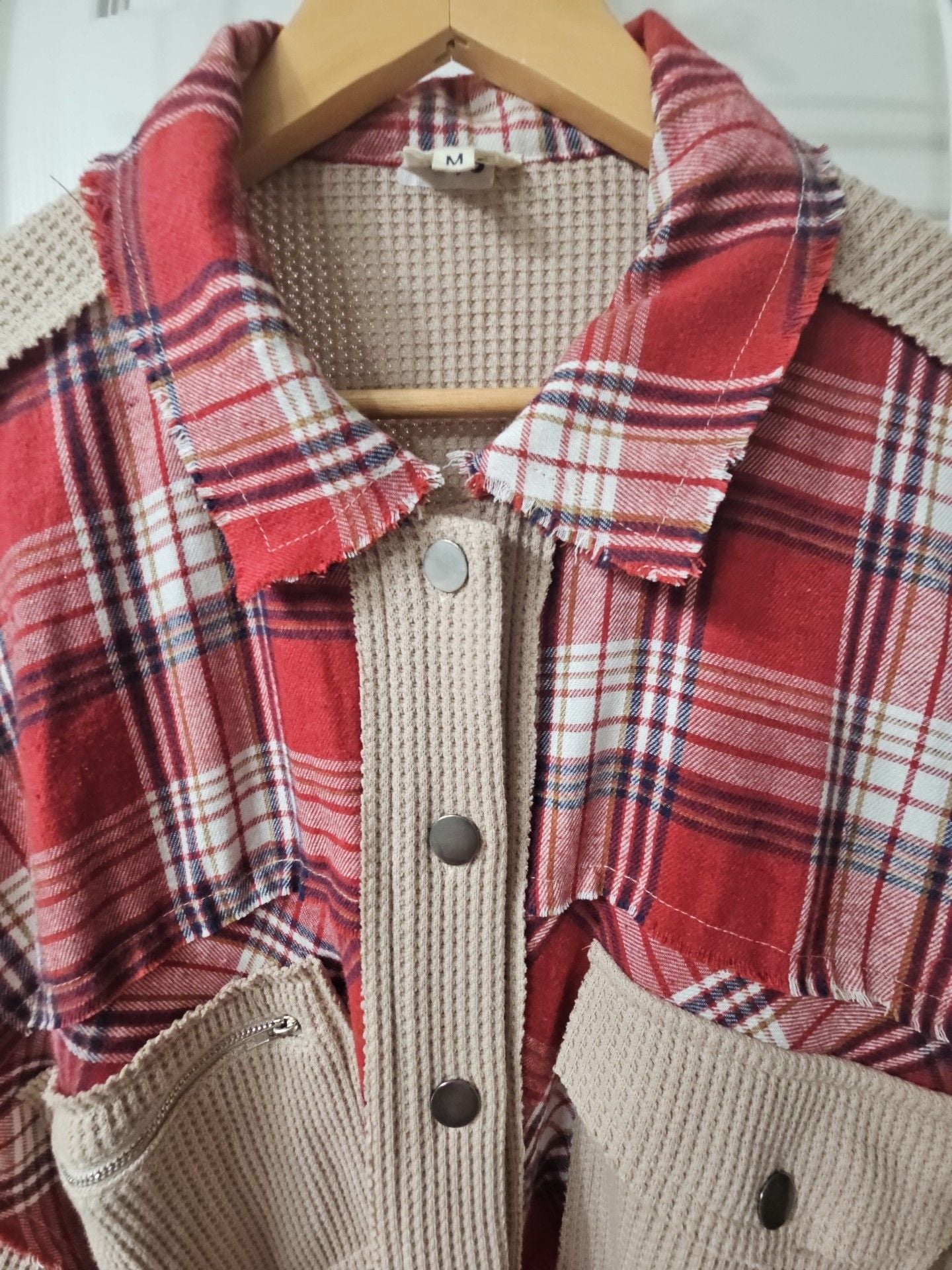 POL Plaid Mix N Match Jacket Size M Red Beige Thermal Shacket 4