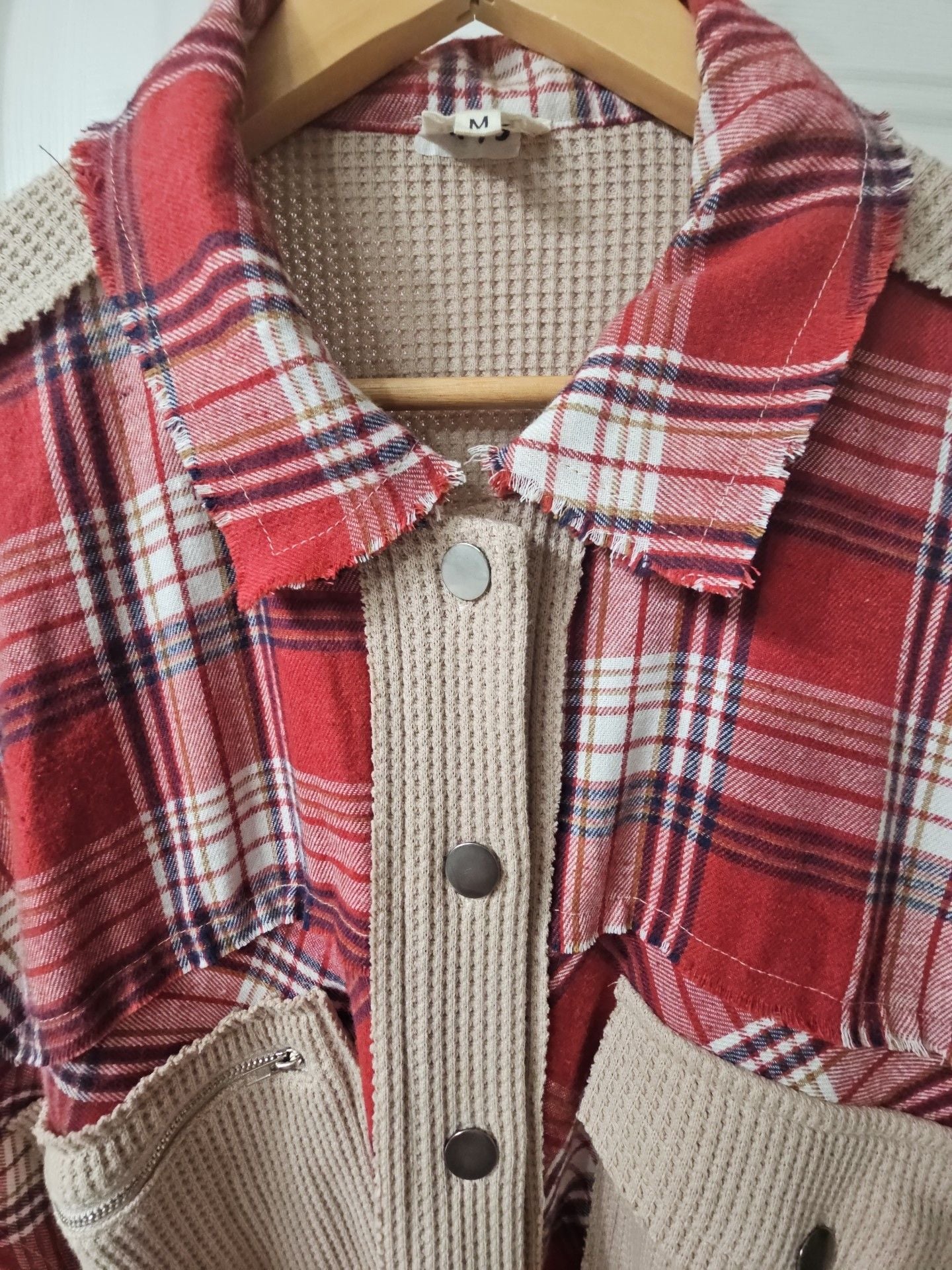 POL Plaid Mix N Match Jacket Size M Red Beige Thermal Shacket 5