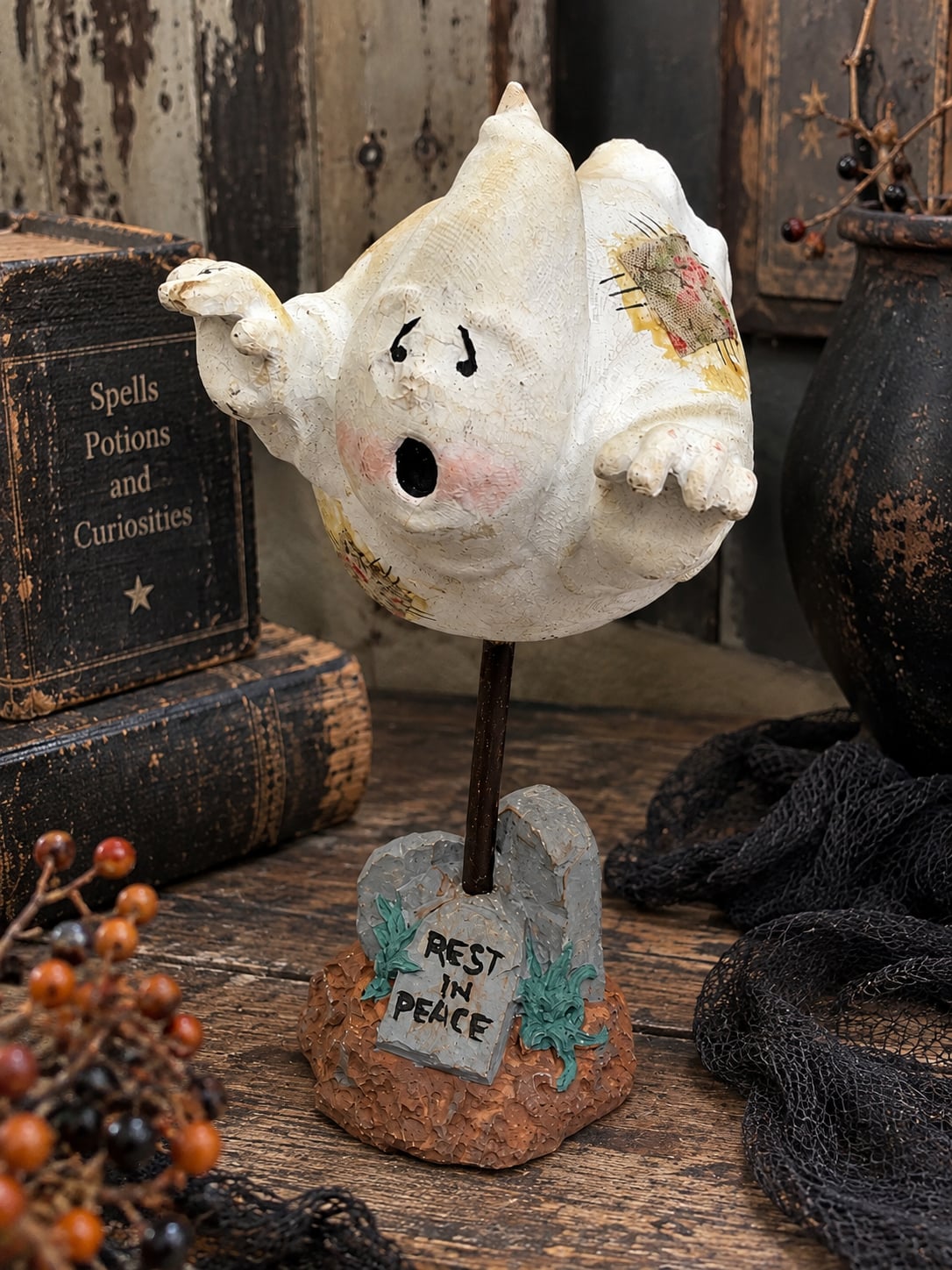 Flying Ghost Tombstone Figurine Halloween Decor Primitive Folk Art Spooky Vtg 1