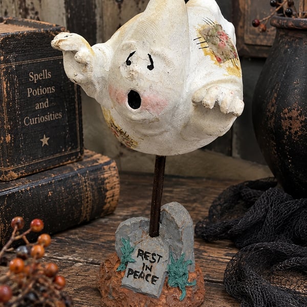 Flying Ghost Tombstone Figurine Halloween Decor Primitive Folk Art Spooky Vtg