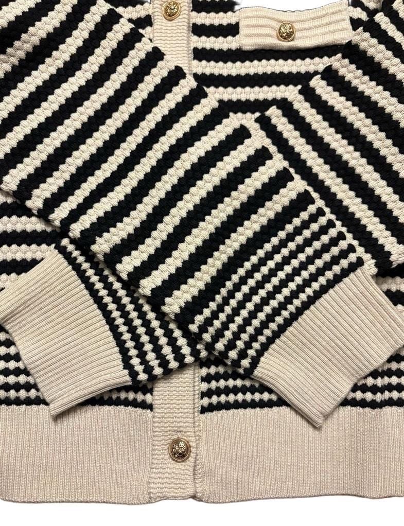 Adrianna Papell Wool blend cream black striped pointelle cardigan Size M 8