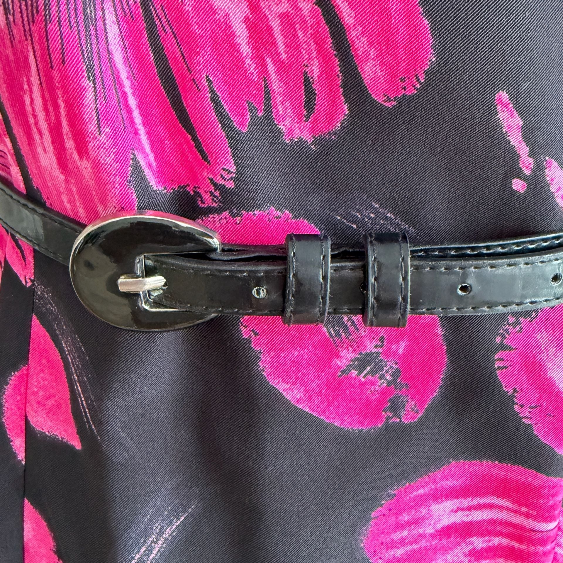 Dressbarn Dress Size 6 Black Pink Floral Sleeveless Sheath Belted 8
