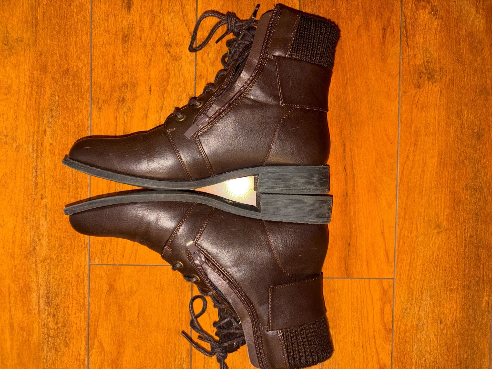 SHEIN Lace-Up Boots Size 9 Brown Faux Leather Knit Cuff Ankle Booties 3