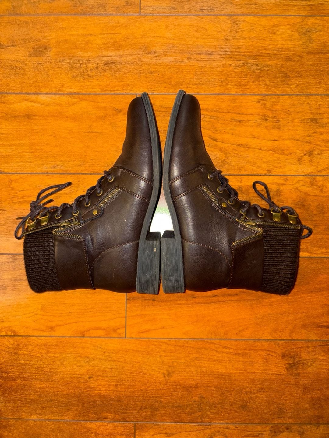 SHEIN Lace-Up Boots Size 9 Brown Faux Leather Knit Cuff Ankle Booties 2