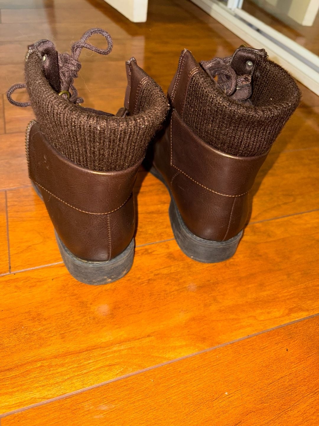 SHEIN Lace-Up Boots Size 9 Brown Faux Leather Knit Cuff Ankle Booties 5