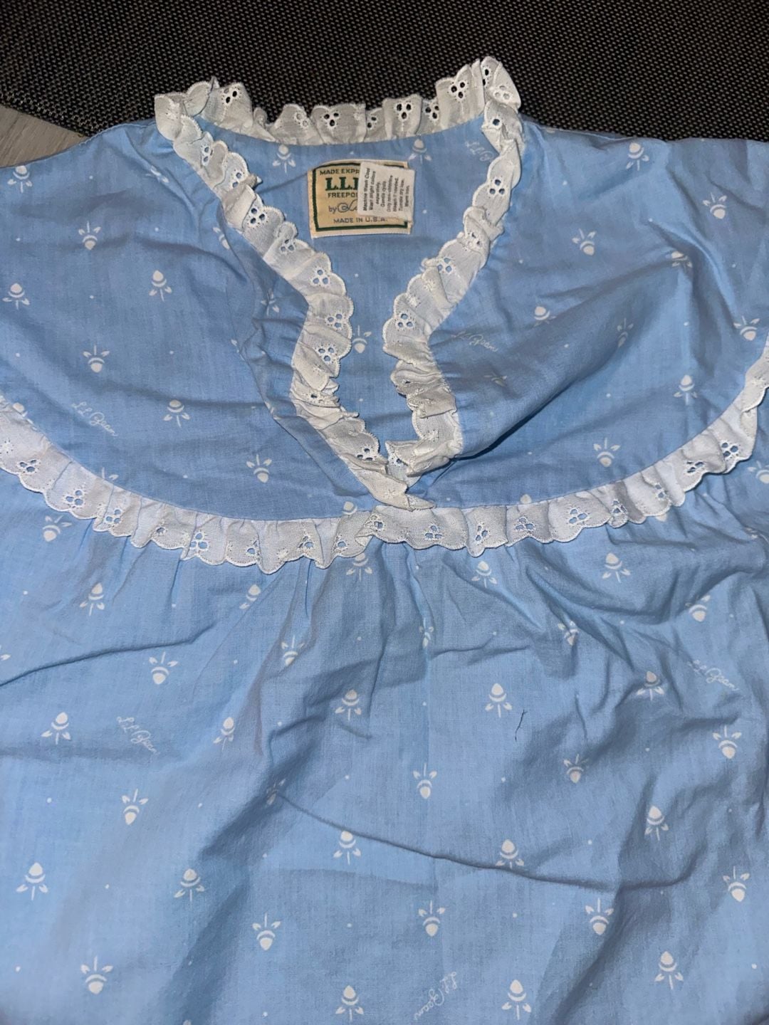 Made in USA L.L. Bean Nightgown Size XL Blue Floral Cotton Lace Prairie Sleepwear 6