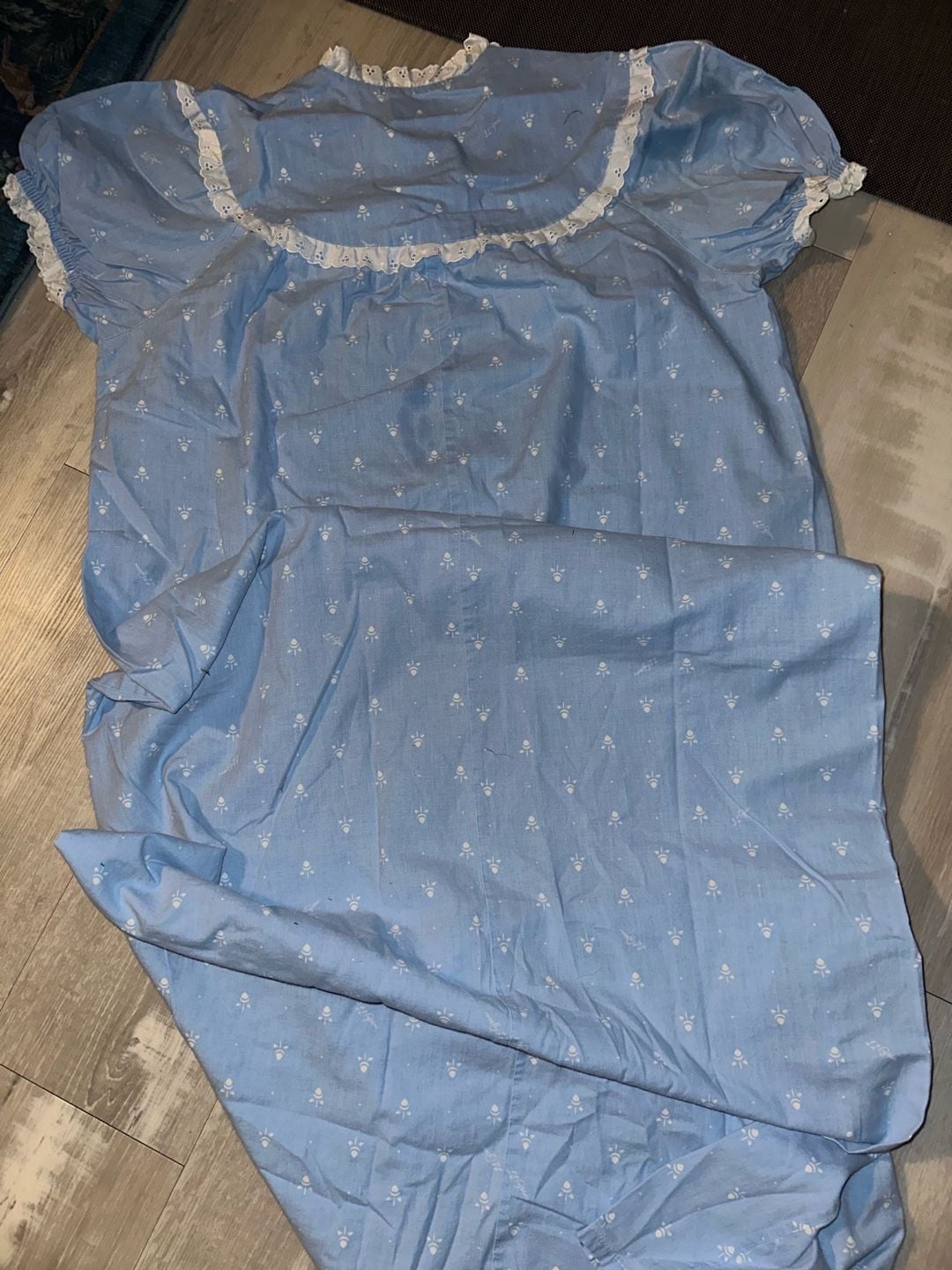 Made in USA L.L. Bean Nightgown Size XL Blue Floral Cotton Lace Prairie Sleepwear 7