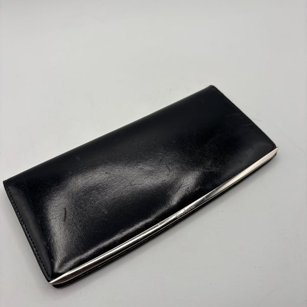 Deckese Black Leather Long Wallet Silver Tone Trim Checkbook Wallet