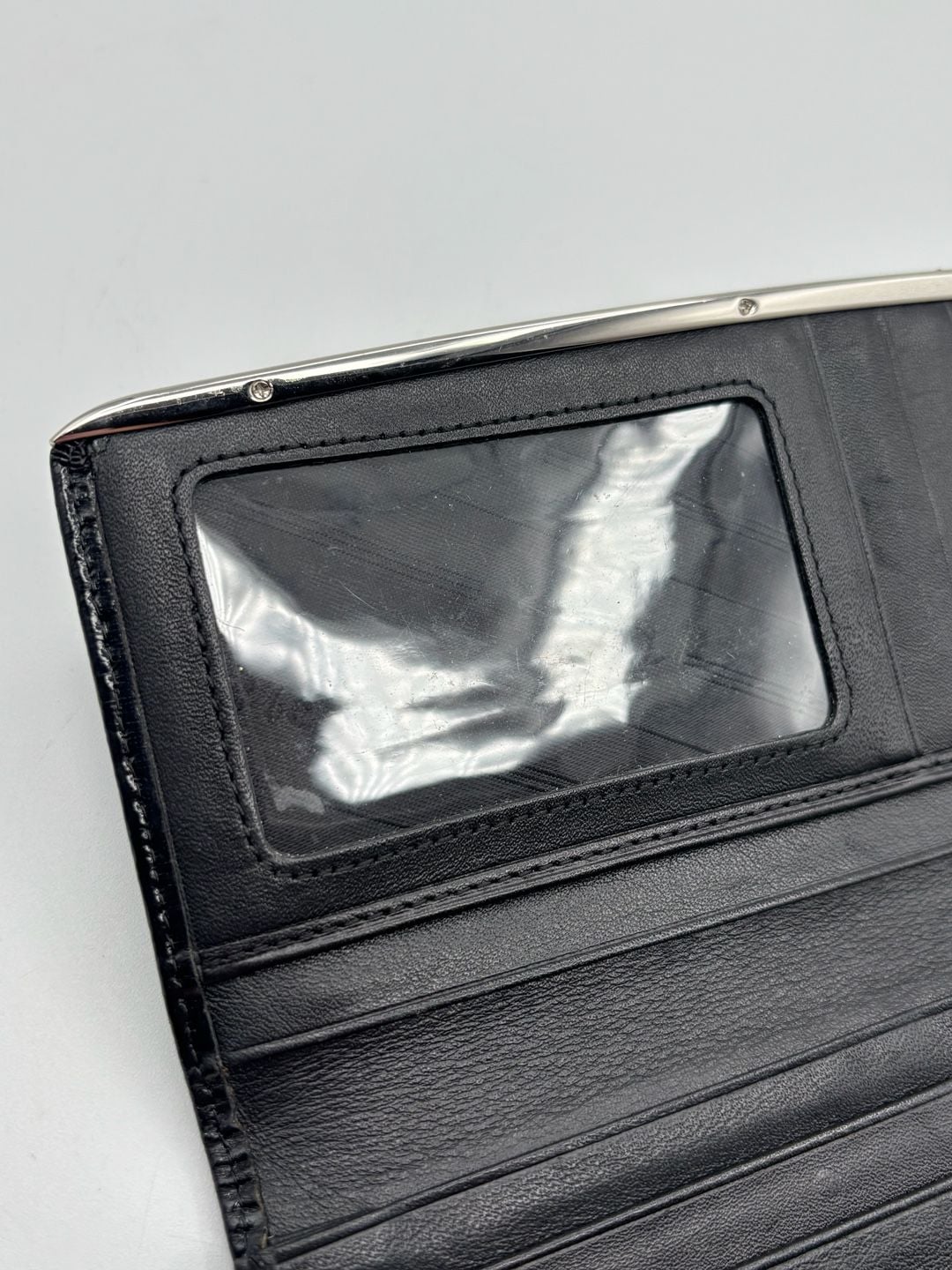 Deckese Black Leather Long Wallet Silver Tone Trim Checkbook Wallet 8