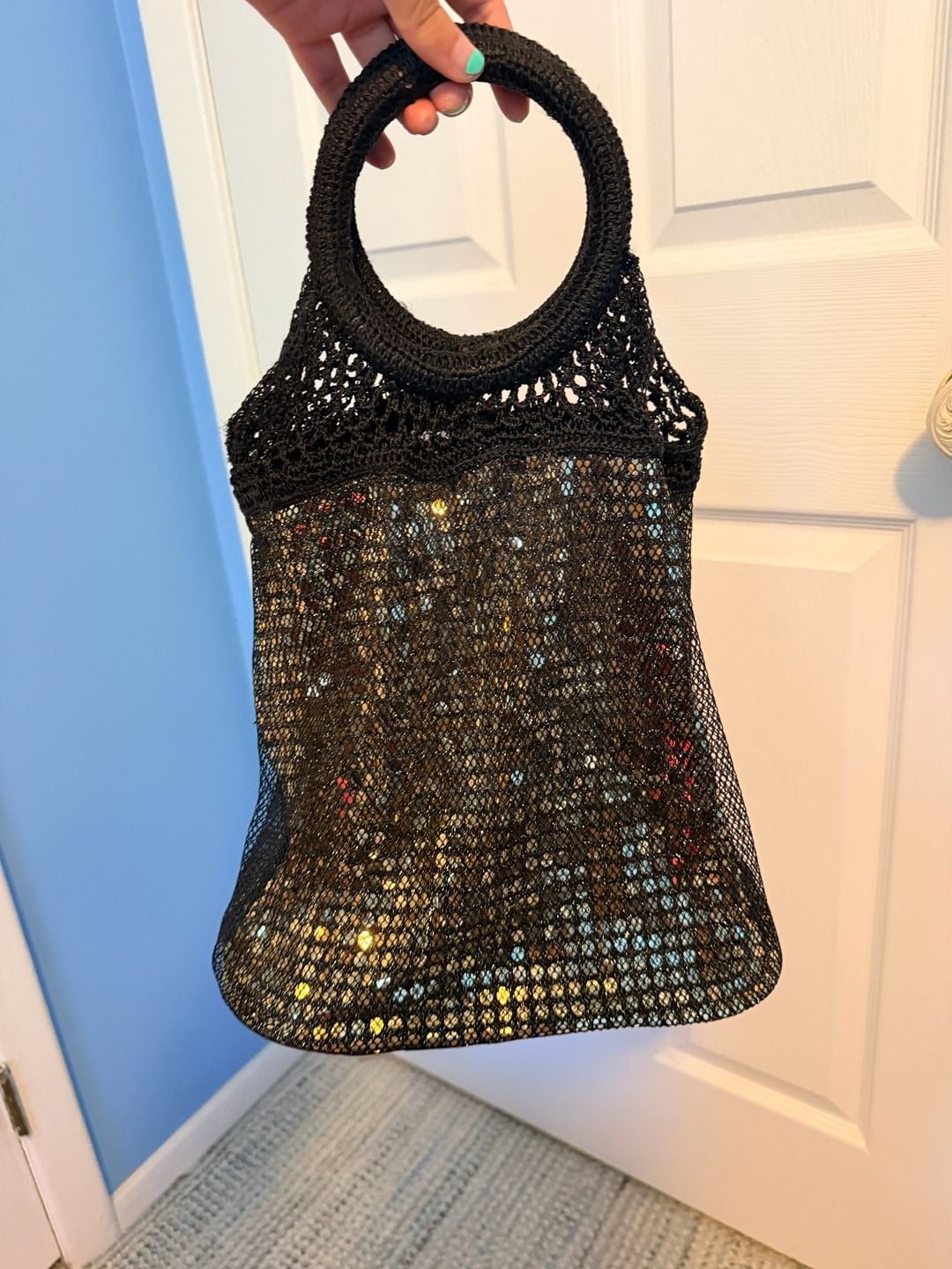 Black Crochet Sequin Hobo Handbag Gold Shimmer 2