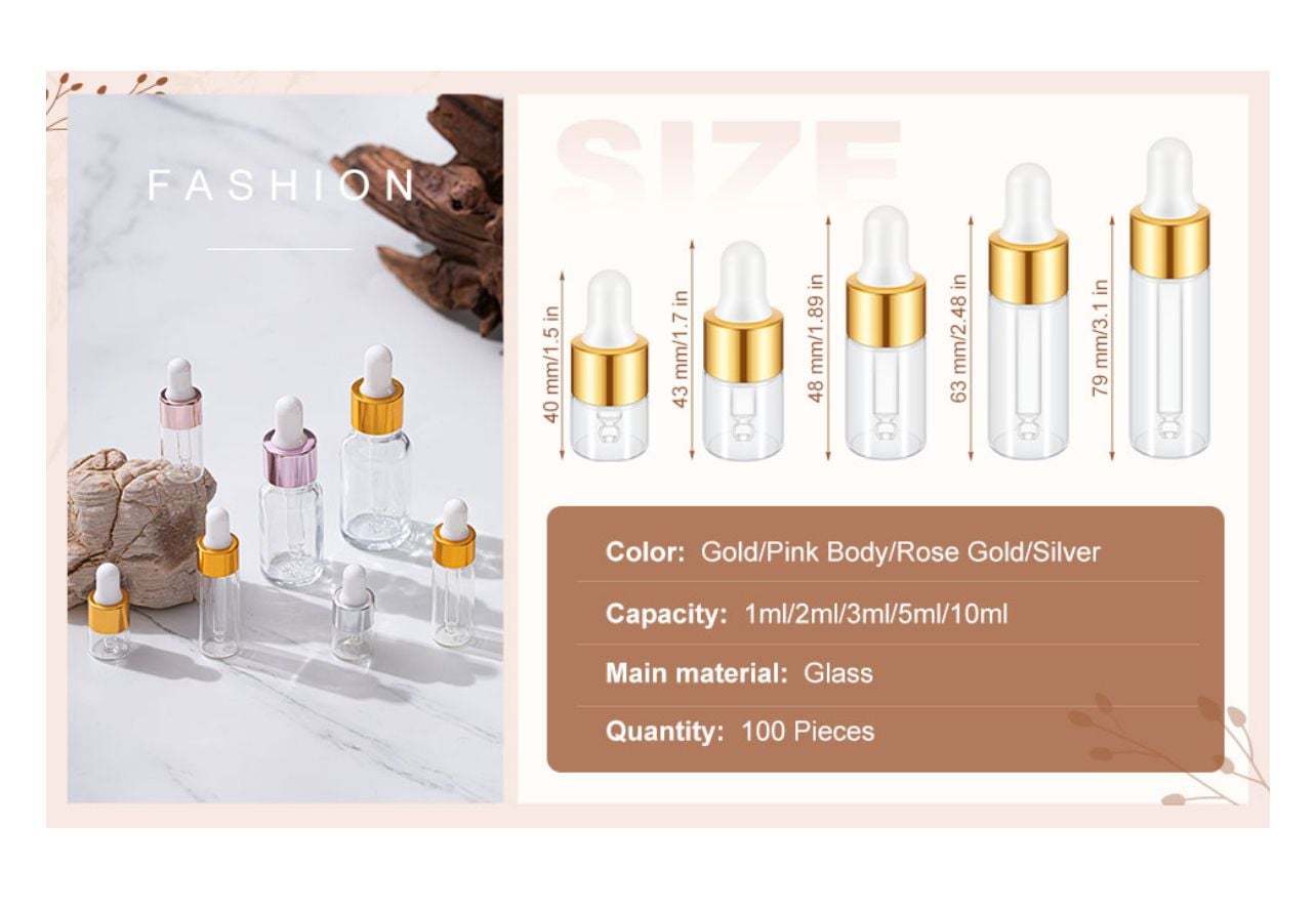 Didaey 100 Pcs Mini Glass Oil Dropper Bottle Bulk, 2 ml Pink Rose Gold Essential Small Empty Bottles Sample Containers Perfume Liquid Vials with Cap for Traveling : : Industrial and Scientific 3