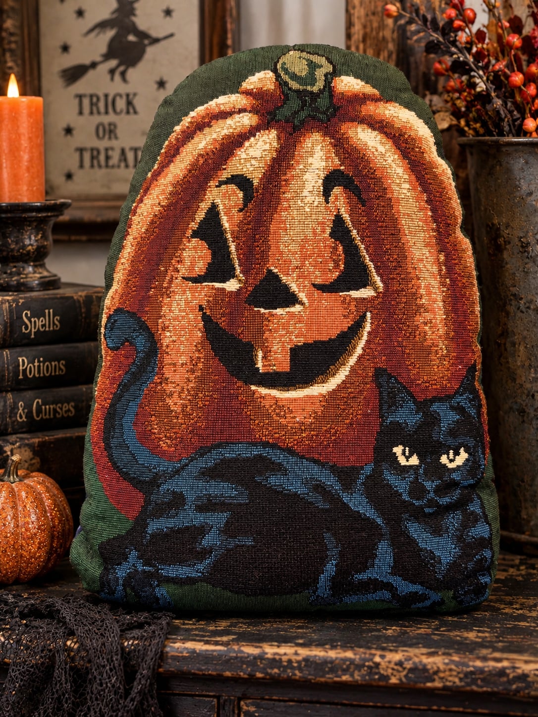 Woven Tapestry Pumpkin Black Cat Pillow 14x10 Halloween Primitive Folk Art Vtg 1