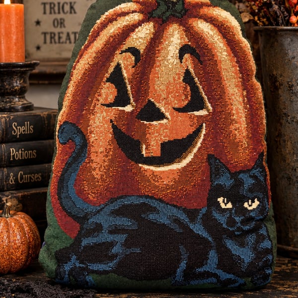 Woven Tapestry Pumpkin Black Cat Pillow 14x10 Halloween Primitive Folk Art Vtg